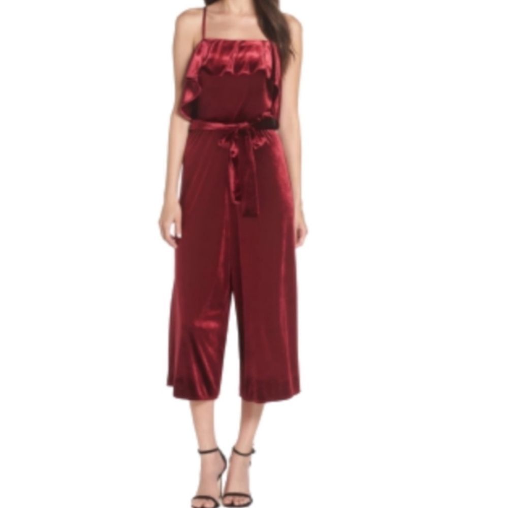 Avec Les Filles Burgundy Crushed Velvet Sleeveless Cropped Jumpsuit Size 6